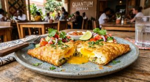 rick à l'œuf doré croustillante coupée en deux avec jaune coulant, servie avec salade au Quantum Isoraka, Antananarivo