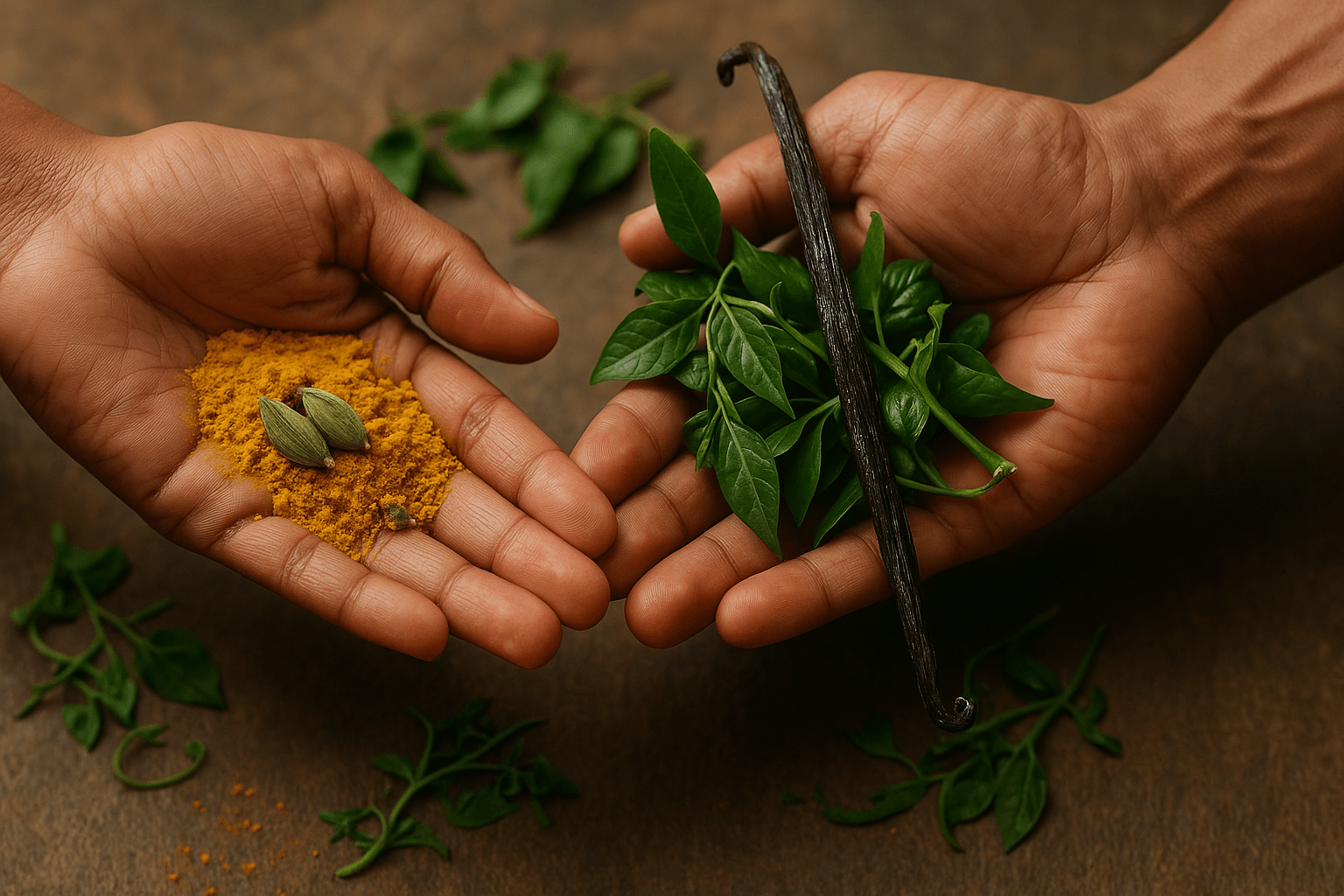 Deux mains tendues : l'une tient du curcuma et des cardamomes, l'autre des feuilles vertes et une gousse de vanille