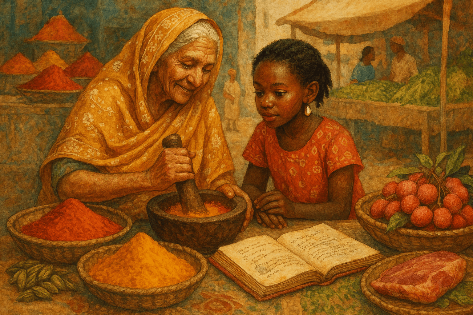 Illustration peinte : une femme âgée et une fillette pilent des épices dans un mortier, devant un livre ouvert, sur un étal de marché