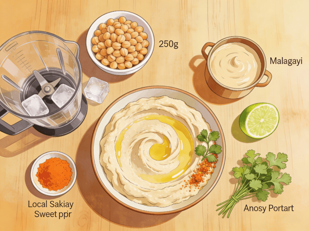 Quantum Style hummus in a bowl with chickpeas, tahini, sakay chili and fresh coriander on a kitchen counter in Antananarivo.