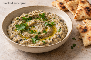 Smoked aubergine dip topped with olive oil and parsley, with toasted flatbread beside the bowl.
