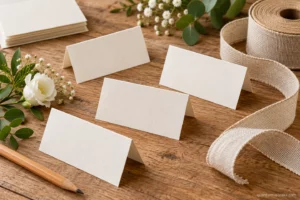 Cartons marque-places vierges avec crayon et ruban en lin