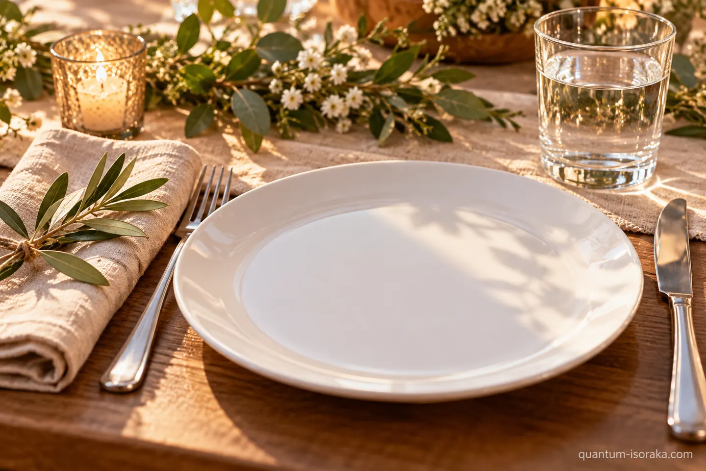 Assiette blanche, serviette en lin, couverts et verre d’eau