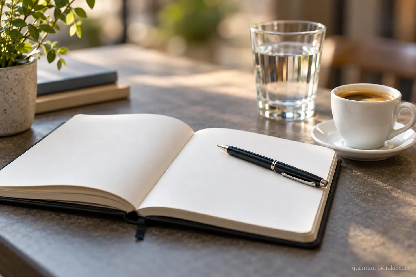 Carnet vierge et stylo avec tasse de café et verre d’eau