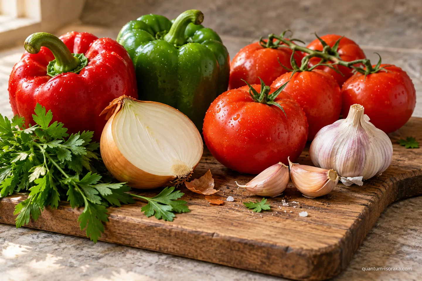 Poivrons rouges et verts, tomates, oignon et ail