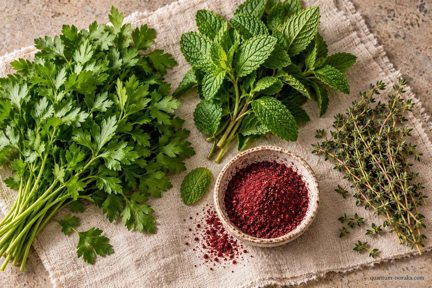 Persil, coriandre, menthe et autres aromates disposés avec une épice rouge