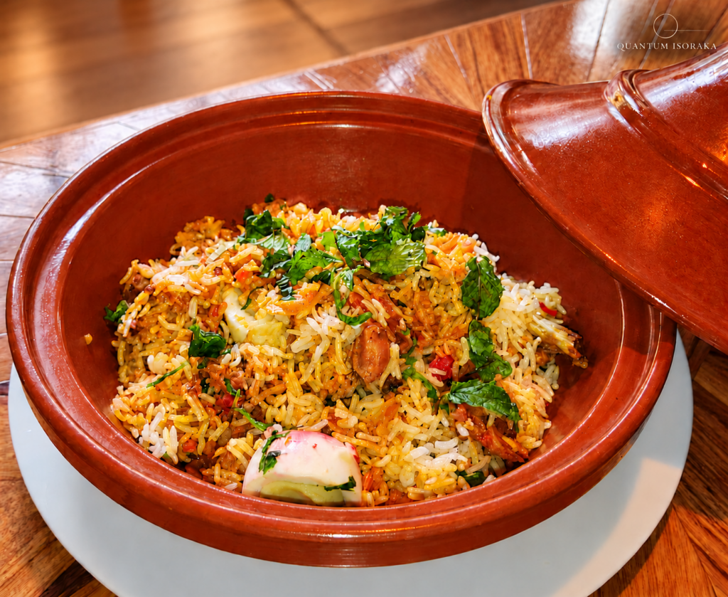 Biryani au poulet Quantum Isoraka, avec des grains de riz longs servi dans un plat en terre cuite sur un fond chaleureux en bois.