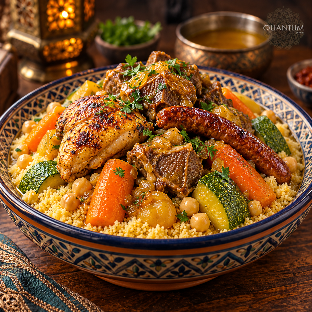 Couscous garni de morceaux de viande, de poulet, de merguez et de légumes.