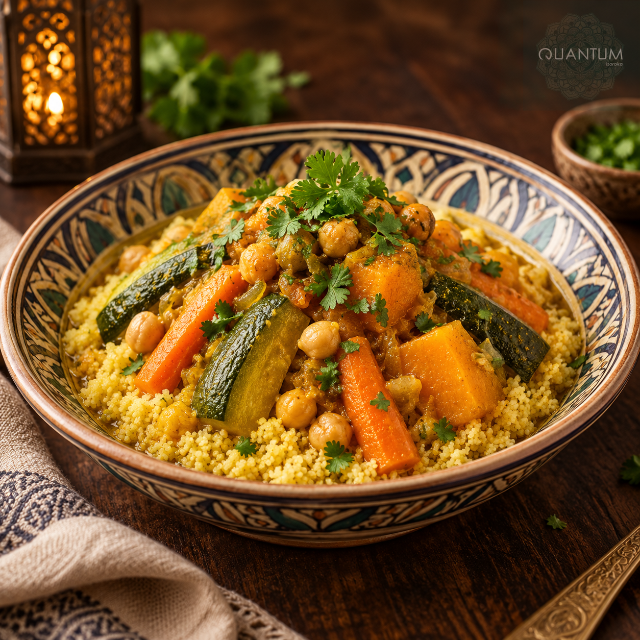 Plat de couscous aux carottes, courgettes, courge et pois chiches.
