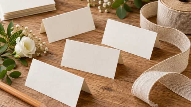 Cartons marque-places vierges avec crayon et ruban en lin