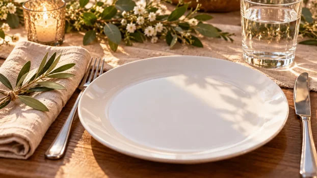 Assiette blanche, serviette en lin, couverts et verre d’eau