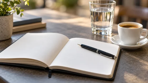 Carnet vierge et stylo avec tasse de café et verre d’eau