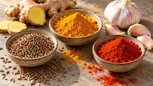 Cumin, curcuma, paprika, gingembre et ail