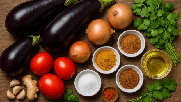 Ingrédients sur une planche en bois : aubergines, oignons, tomates, ail, gingembre, coriandre fraîche, huile et coupelles d'épices