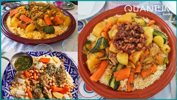Collage of three couscous dishes with vegetables and meat