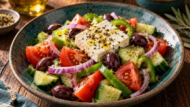 Salade grecque aux crudités et au fromage feta.