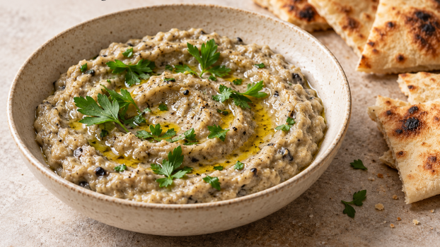 Smoked aubergine dip topped with olive oil and parsley, with toasted flatbread beside the bowl.